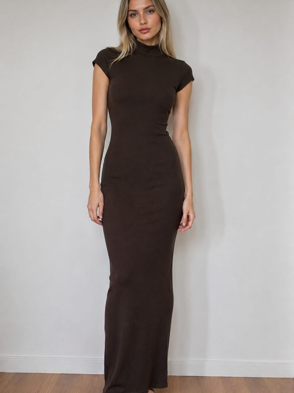Women's Brown Cap-Sleeve Maxi Dress
